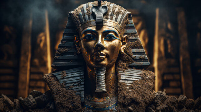 Egyptian god sculpture covered with sand.