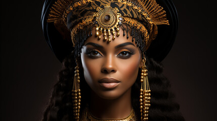 Porträt einer schönen afrikanischen Frau mit Turban.
Portrait of a beautiful african woman in a turban.

