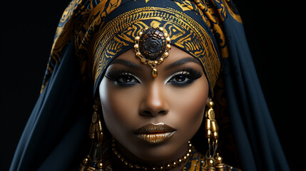 Portr&auml;t einer sch&ouml;nen afrikanischen Frau mit Turban.
Portrait of a beautiful african woman in a turban.
