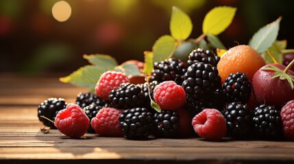 Fresh blackberry and raspberry on the wooden table top