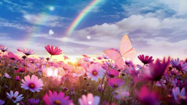 On a Sunny Day, Cosmos Flowers Sway in The Breeze, Their Petals Adorned by A Delicate Pink Butterfly—a Harmonious Dance of Color and Life in The Warmth of Sunlight. Seamless 4 K Footage. Generative Ai