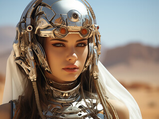 Robot girl in futuristic armor against a desert background