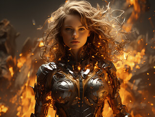 Robot girl in an energy suit against an explosion