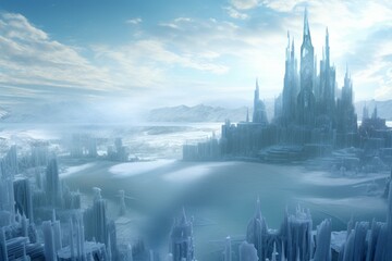 Obraz premium Frosty Frozen city winter. Frozen weather city. Generate Ai