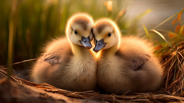 Two baby goslings huddling together
