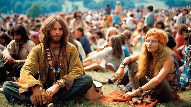Two young hippies at a concert in the 1960s