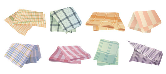 Kitchen napkins and towels set vector illustration. Cartoon isolated picnic tablecloth and blanket for bed or table, checkered linen handkerchief and folded soft cotton cloth with gingham pattern - obrazy, fototapety, plakaty