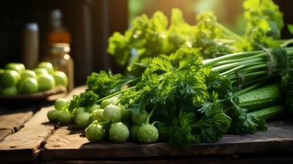 Celery vegetables on the wooden table
