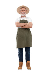 Harvesting season. Happy farmer with crossed arms on white background