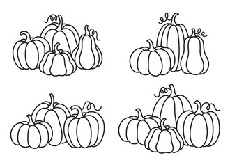 Outlined pumpkins in groups of three and four vector illustrations. Fall and Thanksgiving pumpkin outline set vector drawing.