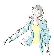 One line drawing of smiling male in a denim jacket
One continuous line drawing of male model.