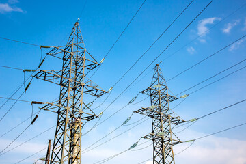 power line support with wires for electricity transmission. High voltage grid tower with wire cable...
