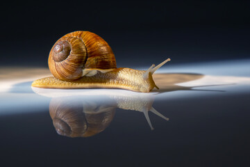 Snail on a mirror background. Animal world in nature.
