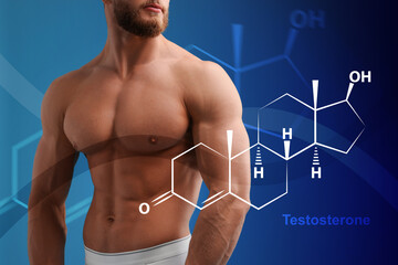 Muscular man and structural formula of testosterone on blue background, closeup
