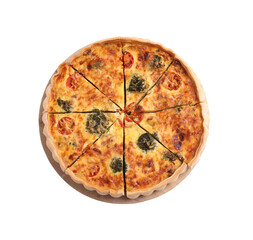 Delicious homemade vegetable quiche isolated on white, top view
