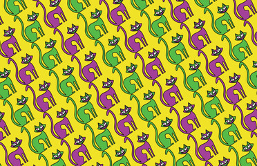 Cat pattern with harmonious colors, in pink, green and yellow, vibrant colors that combine a drawing of a smiling cat