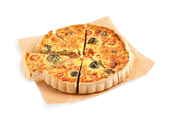 Delicious homemade vegetable quiche isolated on white