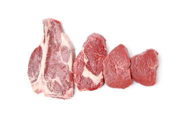 Cut fresh beef meat isolated on white, top view