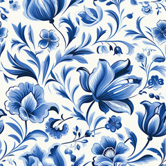 Seamless pattern in Dutch delft blue and white traditional handpainted flowers.