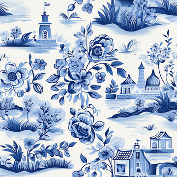 Seamless pattern in Dutch delft blue and white traditional handpainted with house and flowers.