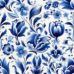 Seamless pattern in Dutch delft blue and white traditional handpainted flowers.