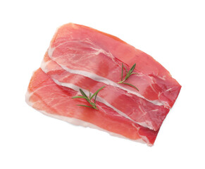 Slices of delicious jamon and rosemary isolated on white, top view