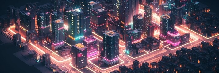 An aerial view of a city with a lot of neon lights and tall buildings. Generative AI. 