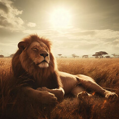 Resting lion on the savannah, AI generated Illustration