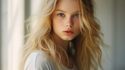 Closeup portrait of a clean faced teenage blond model promoting a healthy lifestyle, skin care and hair products.