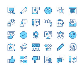 Testimonials icons set. Vector line icons. Blue color outline stroke symbols. Modern concepts