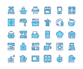 Kitchen appliances icons set. Vector line icons. Blue color outline stroke symbols. Modern concepts