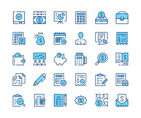 Accounting icons set. Vector line icons. Blue color outline stroke symbols. Modern concepts