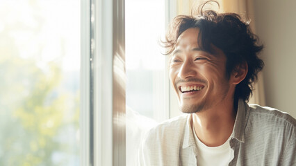 明るい窓辺で微笑む30代の日本人男性のポートレート - obrazy, fototapety, plakaty