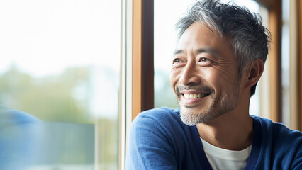 明るい窓辺で微笑む30代の日本人男性のポートレート