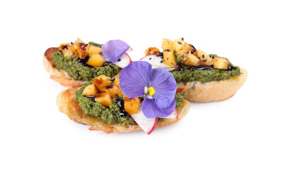Delicious bruschettas with pesto sauce, tomatoes, balsamic vinegar and violet flower isolated on white
