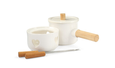 Fondue set isolated on white. Kitchen equipment