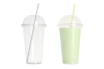Empty and full smoothie plastic cups isolated on white, set