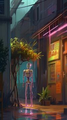 A cyberpunk city alley with a tree. Generative AI. 