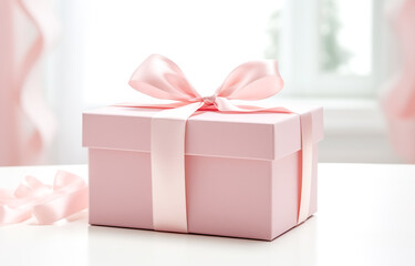 Gift box with pink satin ribbon and bow on light blurred background. Holiday gift with Birthday or Christmas present, happy mother day copy space