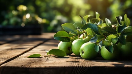 Green apple fruits on the wooden table portrait photography