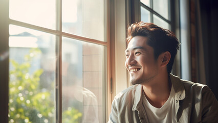  明るい窓辺で微笑む20～30代の日本人男性のポートレート