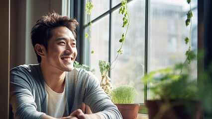  明るい窓辺で微笑む20～30代の日本人男性のポートレート