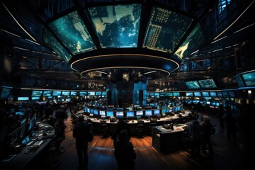 Bright fluorescent lighting of the stock exchange hall, blurry pace of traders, a scene of movement and profit, chaos and order, high rates in financial markets. 