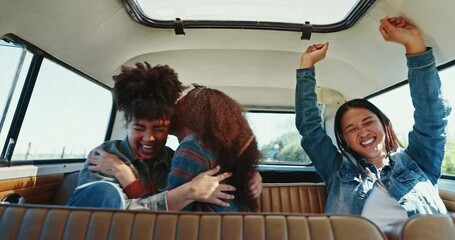 Road trip, music and women friends in a van dance, happy or celebrate freedom, travel or journey in backseat. Caravan, adventure and excited ladies hug, laugh and enjoy experience, fun or radio track