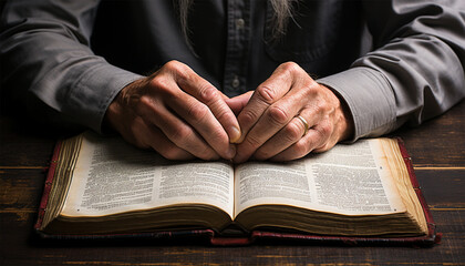 The hands of an elderly man lie on a book.reading and praying