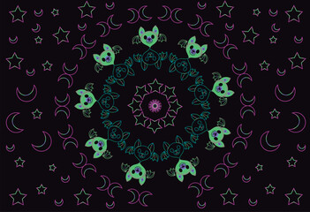 Dark monochrome cute bat mandala style, pattern with black background and some Stars, Cross and Moon