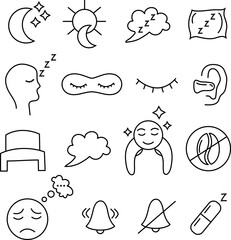 Sleeping editable icon set. Contains pillows, night bed and insomnia sleeplessness, Zzz snooze, sleeping mask, notification and human sleep. Prohibition pictograms in linear style. Vector graphics