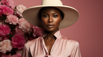 Modische afroamerikanische Frau mit Hut und Kleid. Fashionable african american woman in hat and dress.