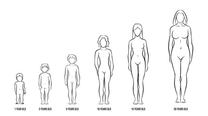 illustrations of human life growing up from one year to thirty years of age simple outline front view. Female character. Vector design isolated on transparent background.