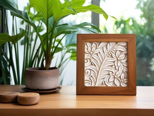 Obraz premium Wooden photo frame on wooden table and green plant in pot. Generative AI